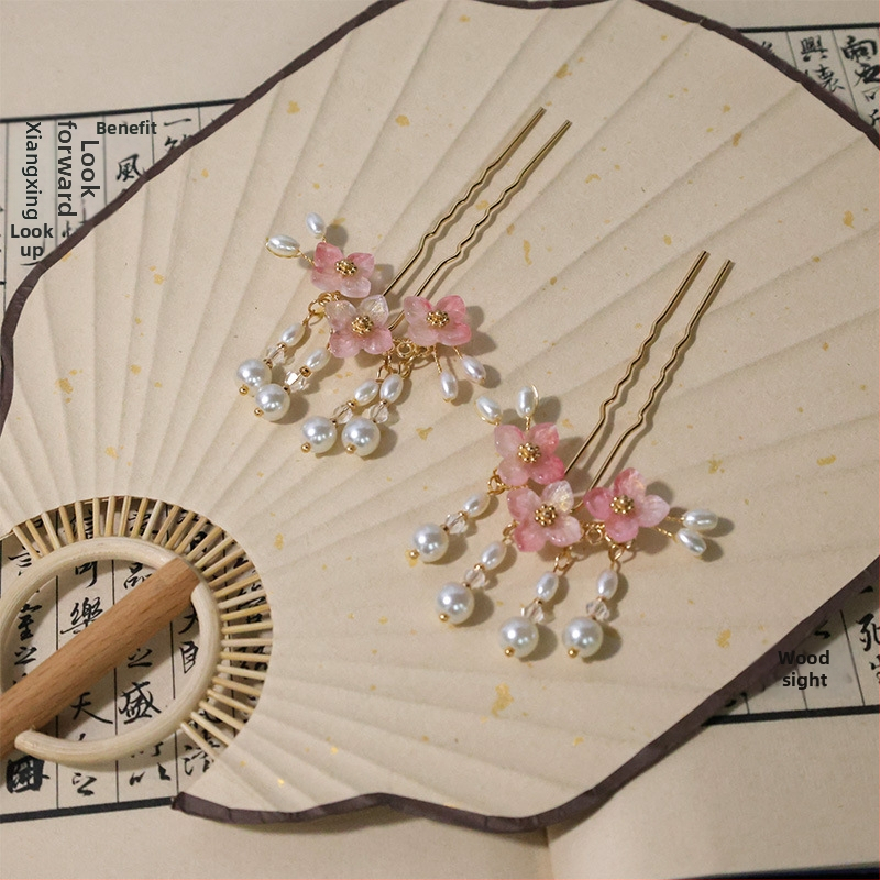 Hanfu juuksepinne – U-hairpin pärlite ja kiududega, etniline stiil, käsitöö sulam, päritolu: Shandong, suvi 2024