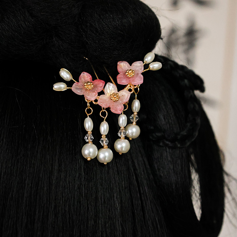 Hanfu plaukų segtukas – U-hairpin su perlų kutais, etninis stilius, rankų darbo lydinys, kilmė: Shandong, vasara 2024