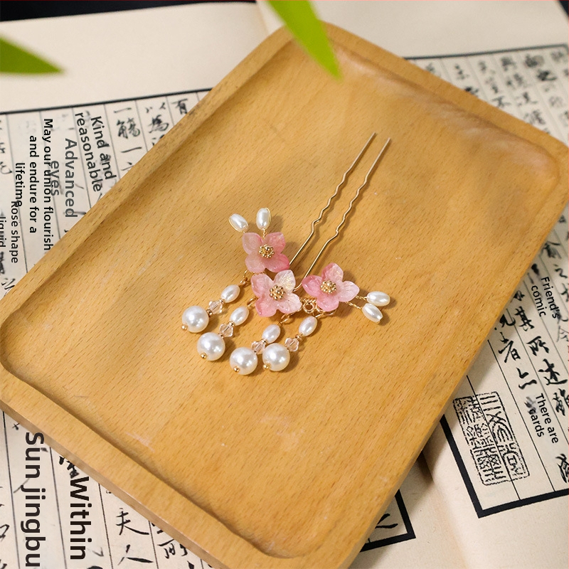 Hanfu juuksepinne – U-hairpin pärlite ja kiududega, etniline stiil, käsitöö sulam, päritolu: Shandong, suvi 2024