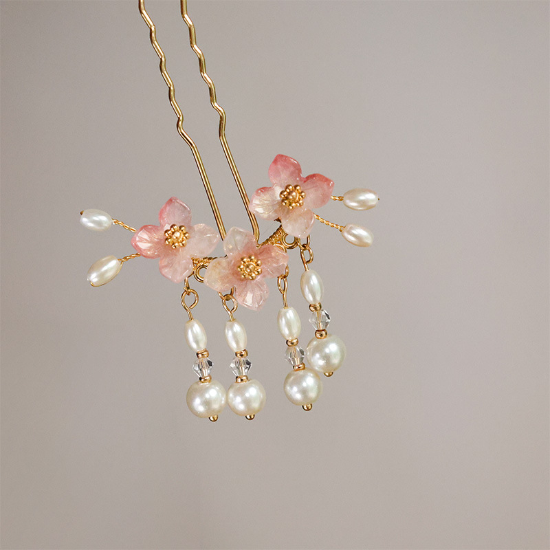 Hanfu plaukų segtukas – U-hairpin su perlų kutais, etninis stilius, rankų darbo lydinys, kilmė: Shandong, vasara 2024