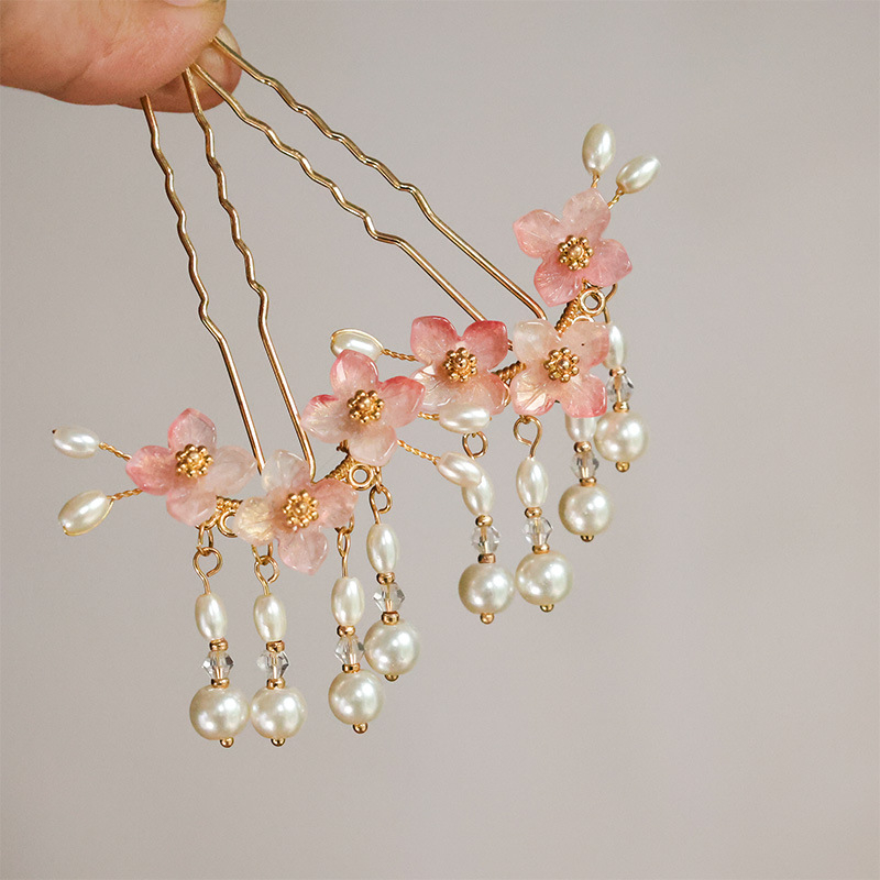 Hanfu plaukų segtukas – U-hairpin su perlų kutais, etninis stilius, rankų darbo lydinys, kilmė: Shandong, vasara 2024