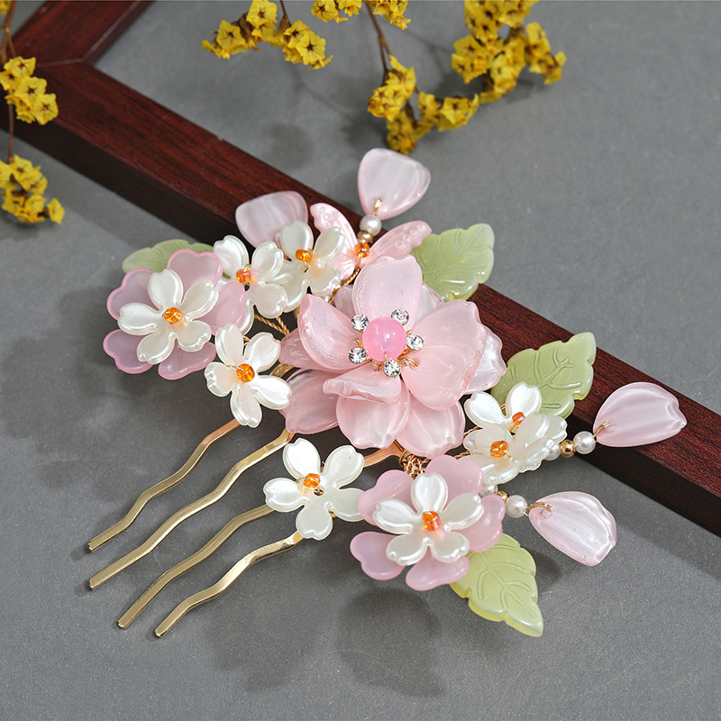 Akrilo gėlių motyvo plaukų aksesuaras — etninio stiliaus moterų aksesuaras, Liangben Jewelry, gėlių dizainas, atskiras įpakavimas