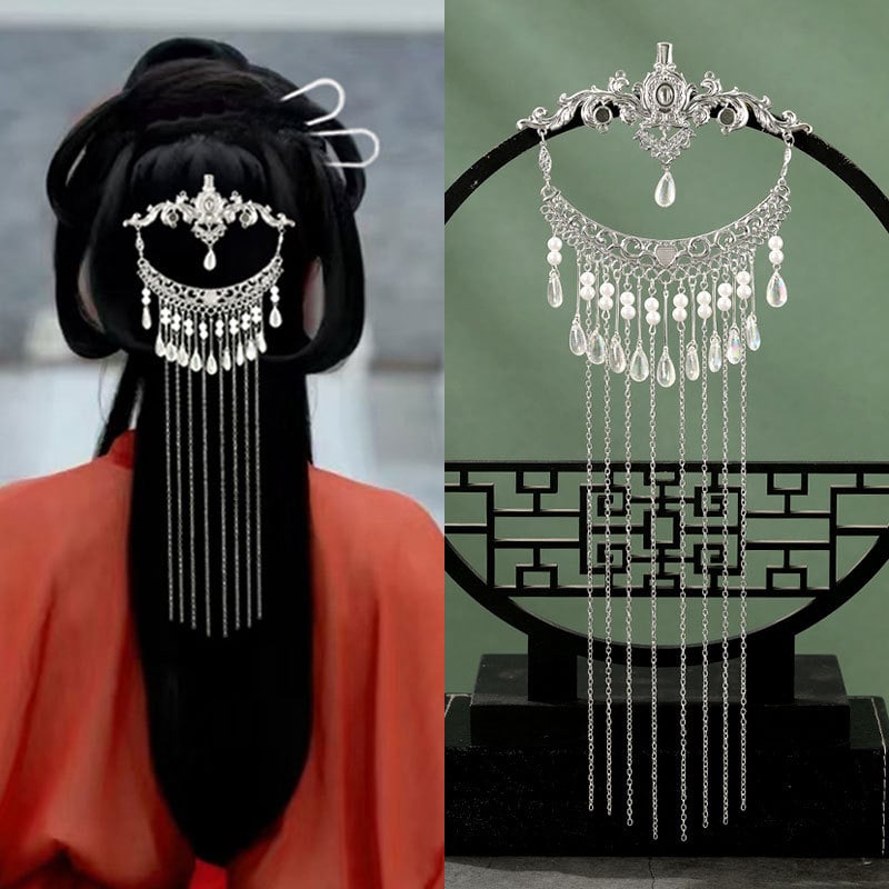 Metalni dodatak za kosu s perlama i dugim resicama, vintage stil, ručna izrada