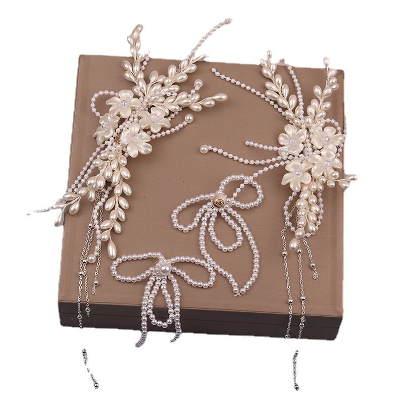 Диадема за коса с перлено цвете и пискюл, странична щипка, тъкано изработено, естествен стил