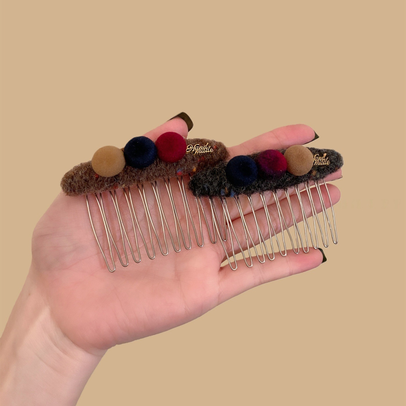 Корейски стил платнен пом-пом гребен за коса, ръчно изработен геометричен аксесоар за глава, зима 2025