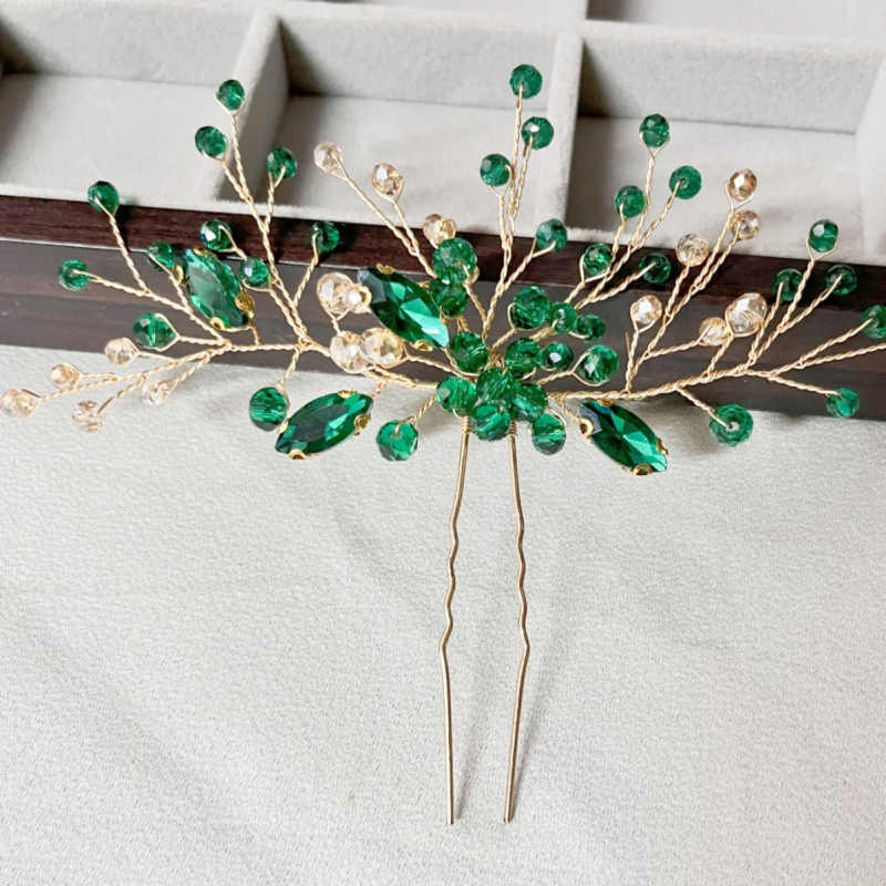 Vestuvinis plaukų segtukas su lapų forma, Rhinestone krištolai, rankų darbo, audimo technika, japonų-korejiečių stilius