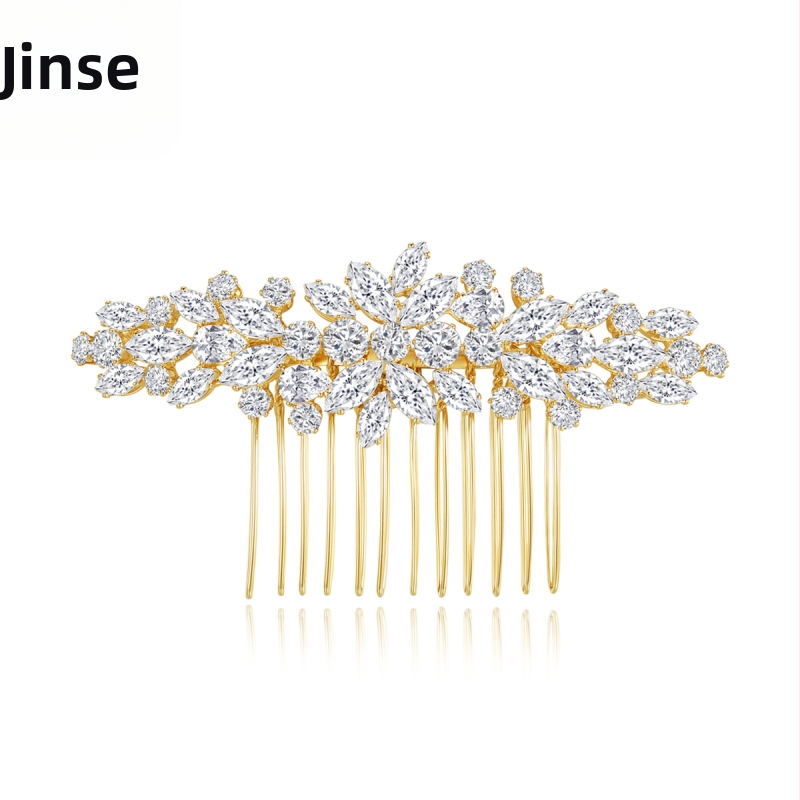 Europos stiliaus nuotakos plaukų šukė su cirkonų gėle, rankų darbo iš vario, elektroplatinėta