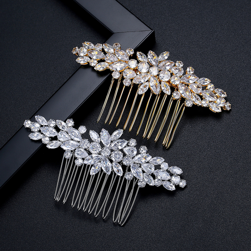 Europos stiliaus nuotakos plaukų šukė su cirkonų gėle, rankų darbo iš vario, elektroplatinėta