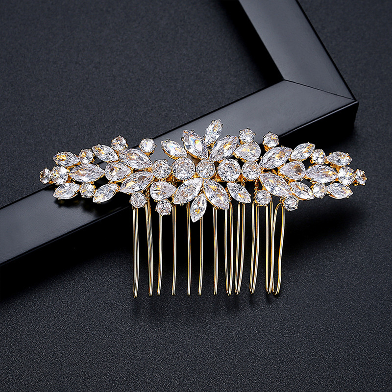 Europos stiliaus nuotakos plaukų šukė su cirkonų gėle, rankų darbo iš vario, elektroplatinėta