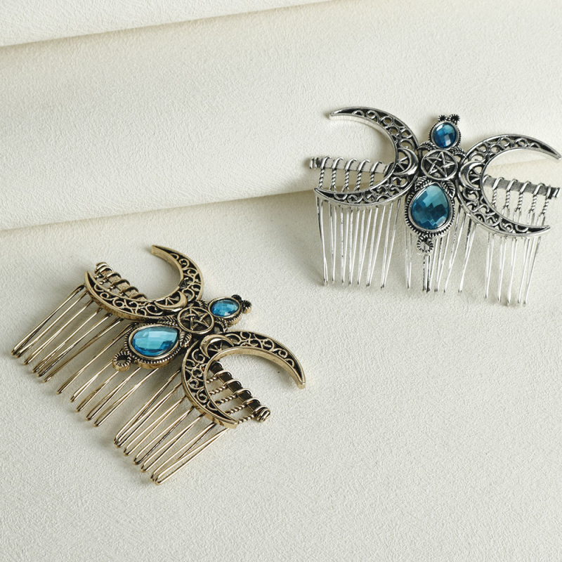 Plaukų šukos mėnulio formos iš lydinio – elektroplatinė danga, stikliniai kristalai, galvos papuošalas