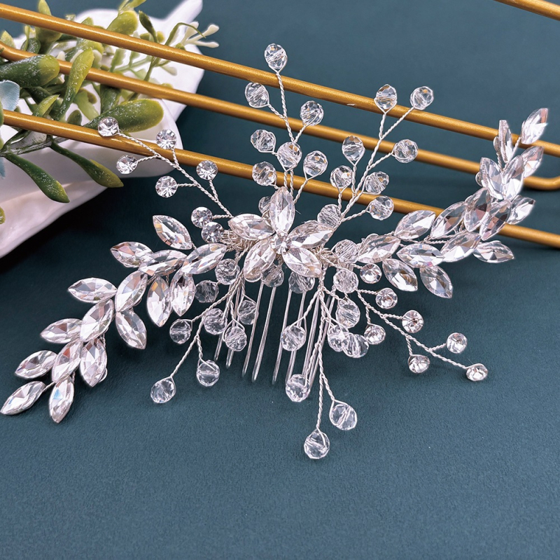 Vestuvių plaukų šukos, rankų darbo su rhinestone kristalais, gėlės formos dizainas, Dz310