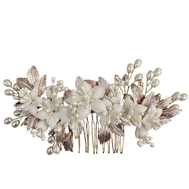 Перлен гребен за коса с цветя, ръчна изработка, сватбена украса за коса, японско-корейски стил, кристални акценти