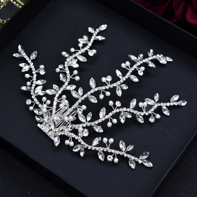 Vestuvinės plaukų šukos su krištolais, gėlių dizainas, rankų darbas