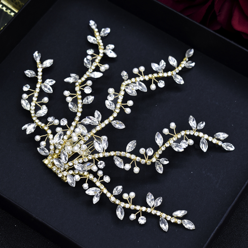 Vestuvinės plaukų šukos su krištolais, gėlių dizainas, rankų darbas