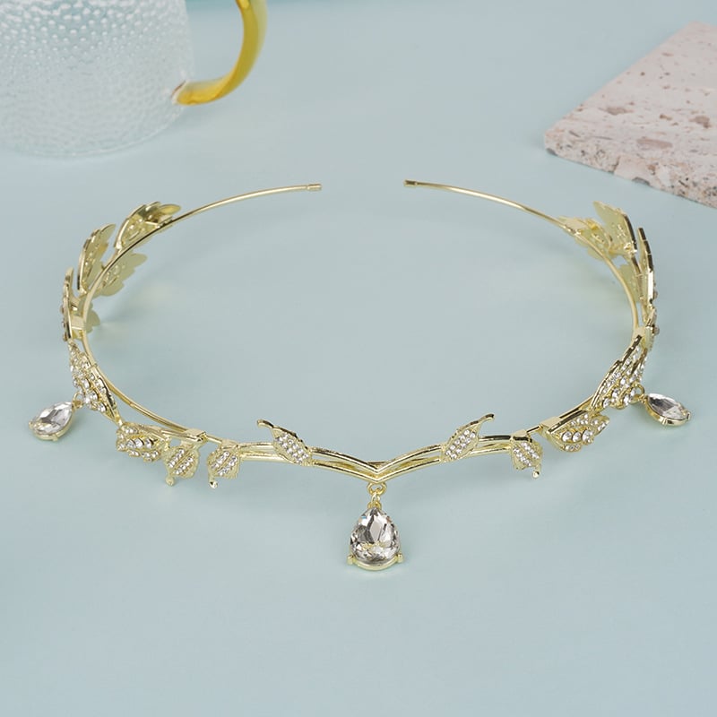 Hanfu nadahnut metalni diadem s kristalima, listić motiv, ženski dodatak za kosu