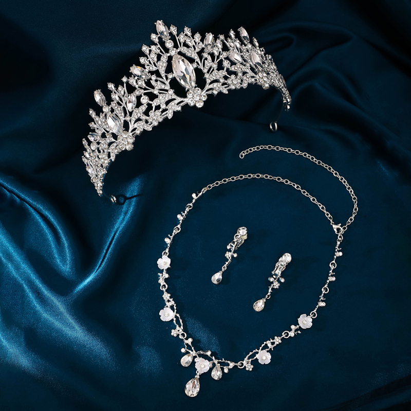 Jaunavedžių galvos papuošalų rinkinys: karūna, kaklo papuošalas ir auskarai, lydinys, balti kristalai, elektro platingas, ženklas Yaxing
