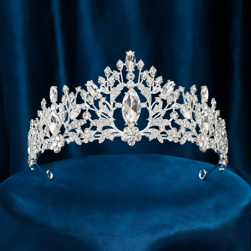 Jaunavedžių galvos papuošalų rinkinys: karūna, kaklo papuošalas ir auskarai, lydinys, balti kristalai, elektro platingas, ženklas Yaxing