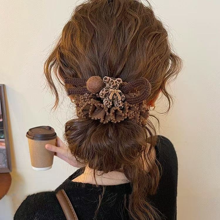 Gumica za kosu s leopard uzorom i plišanim pomponom, poliester, ručna izrada, korejski stil, visoka elastičnost