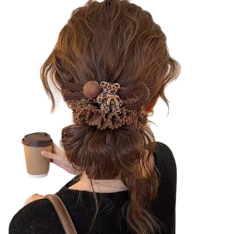 Gumica za kosu s leopard uzorom i plišanim pomponom, poliester, ručna izrada, korejski stil, visoka elastičnost
