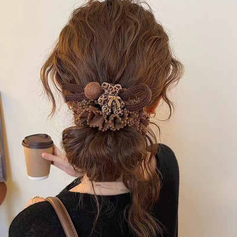 Gumica za kosu s leopard uzorom i plišanim pomponom, poliester, ručna izrada, korejski stil, visoka elastičnost