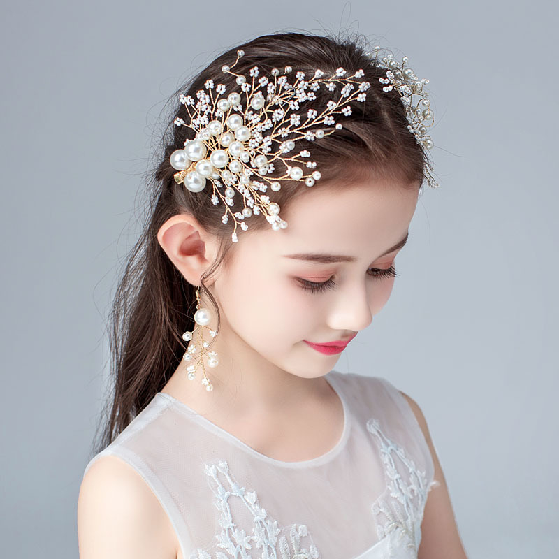 Detská súprava sponiek do vlasov pre deti s perlami a bielymi kryštálmi, kvietkový štýl, ručná výroba, Princess Series (Materiál: Perla; Kryštál: Biely kryštál; Štýl: Kvety; Spracovanie: Ručné; Séria: Princess)