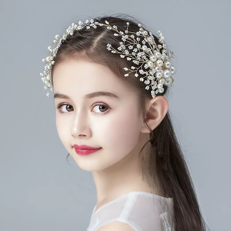 Detská súprava sponiek do vlasov pre deti s perlami a bielymi kryštálmi, kvietkový štýl, ručná výroba, Princess Series (Materiál: Perla; Kryštál: Biely kryštál; Štýl: Kvety; Spracovanie: Ručné; Séria: Princess)