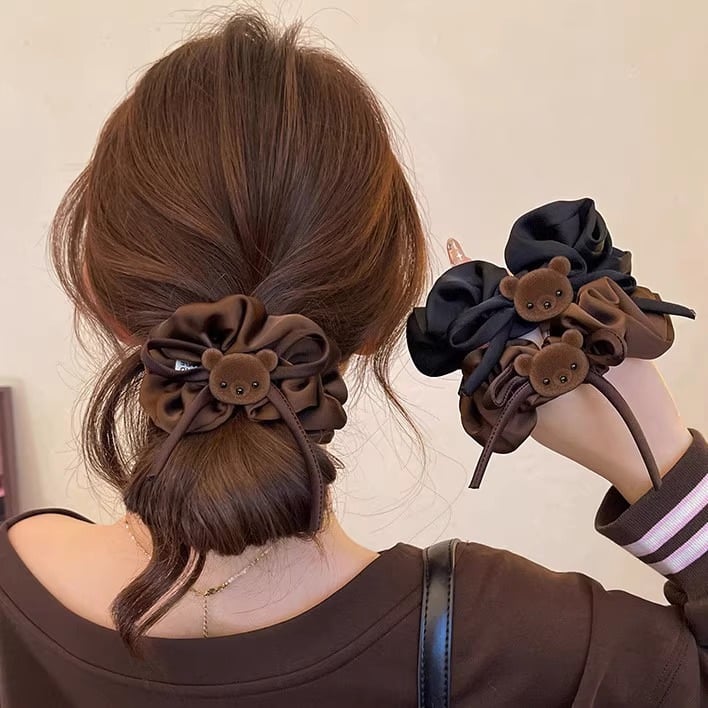 Gumica za kosu s mašnicom i medvjedićem – tkanina, ručna izrada, korejski stil, jesen 2025