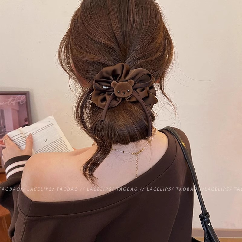 Gumica za kosu s mašnicom i medvjedićem – tkanina, ručna izrada, korejski stil, jesen 2025