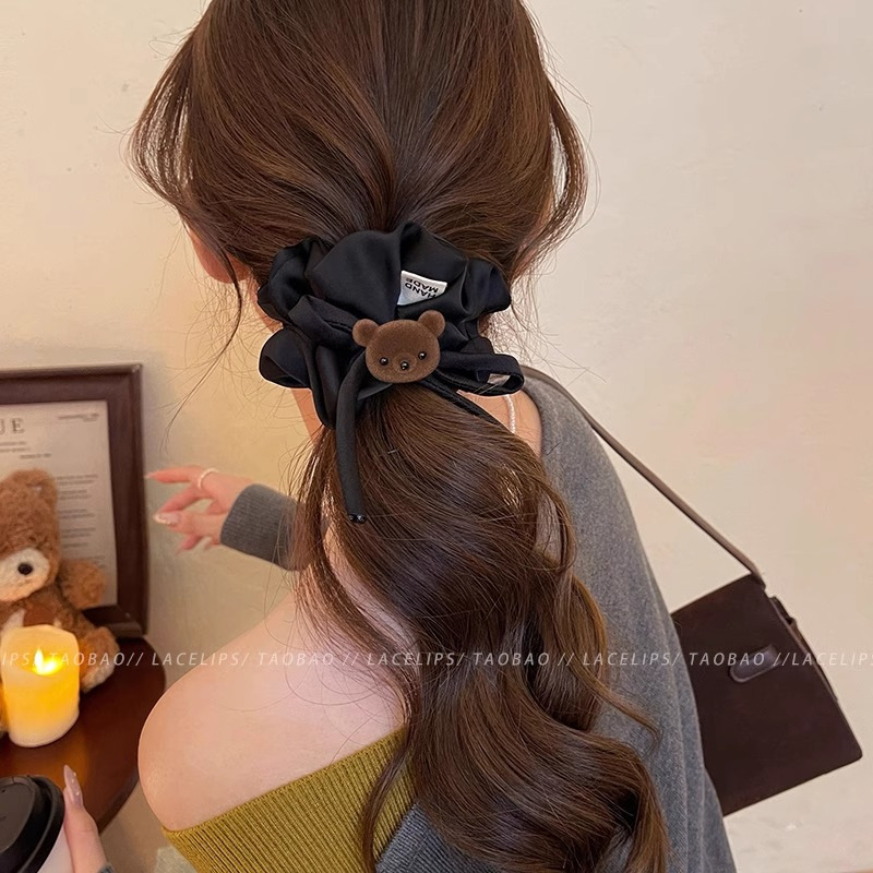 Gumica za kosu s mašnicom i medvjedićem – tkanina, ručna izrada, korejski stil, jesen 2025