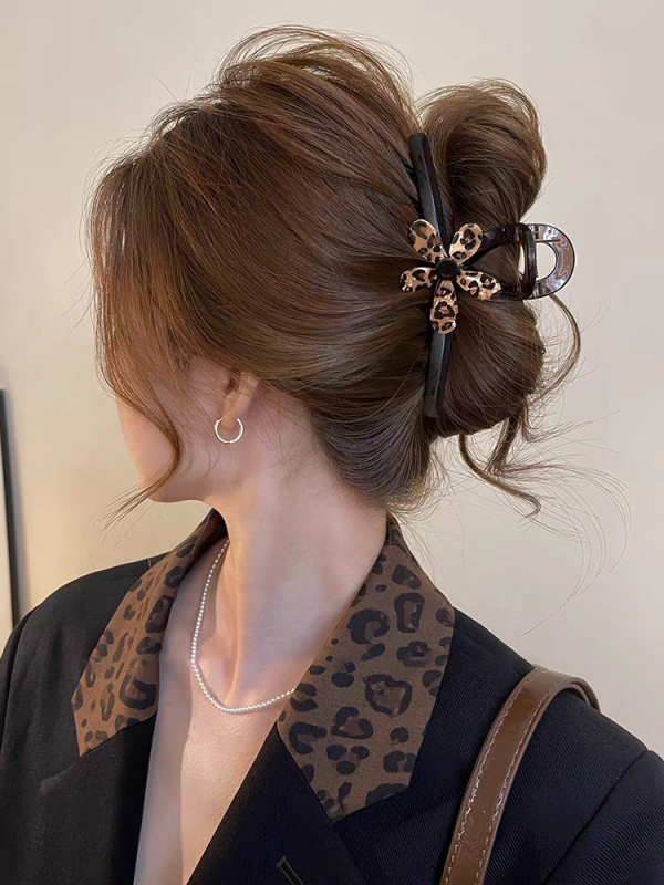 Klip za kosu s leopard printom i cvijećem, Gripper klips za visoku rep, ručna izrada, miješani materijali, ljeto 2025