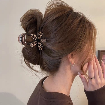 Klip za kosu s leopardovim uzorkom i cvijećem - ručno izrađeni hvataljka za visoki rep (stražnji dio glave) - modni dodaci, miješavina materijala, ljeto 2025