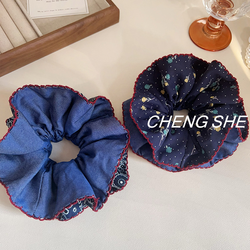 Scrunchie za kosu s denim printom, ručno izrađeno, pastoralni stil, opušten tip