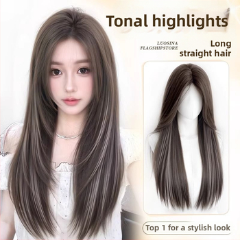 Moteriška plaukų peruka, pilnos galvos paruka be tinklo, ilgi tiesūs plaukai, vainiko tūris, be siūlių šviesinimas