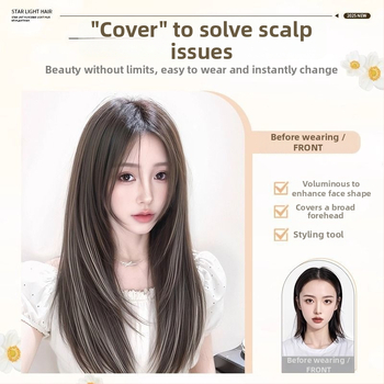 Moteriška plaukų peruka, pilnos galvos paruka be tinklo, ilgi tiesūs plaukai, vainiko tūris, be siūlių šviesinimas