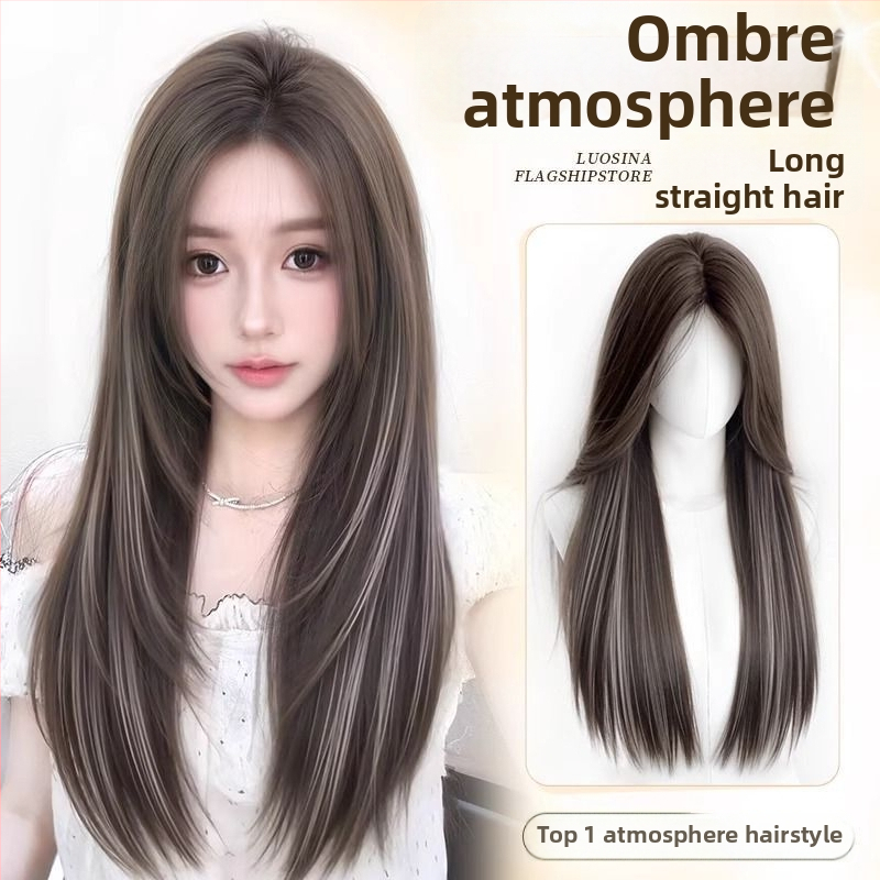Moteriška plaukų peruka, pilnos galvos paruka be tinklo, ilgi tiesūs plaukai, vainiko tūris, be siūlių šviesinimas