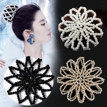 Matu aksesuaras su perlų karoliukais, rankomis austas plaukų tinklas, elastinis crochet dizainas, poliesterio pluoštas, modelis FG088