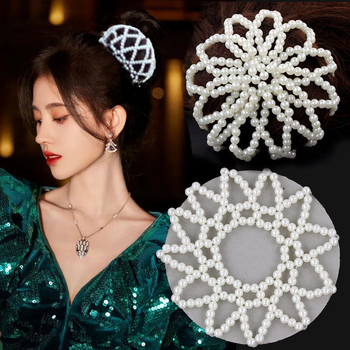 Matu aksesuaras su perlų karoliukais, rankomis austas plaukų tinklas, elastinis crochet dizainas, poliesterio pluoštas, modelis FG088