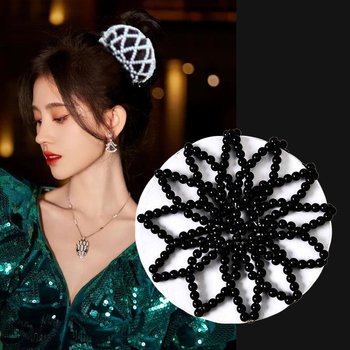 Matu aksesuaras su perlų karoliukais, rankomis austas plaukų tinklas, elastinis crochet dizainas, poliesterio pluoštas, modelis FG088