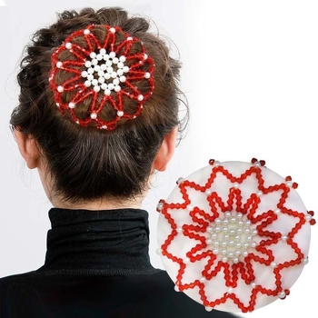 Matu aksesuaras su perlų karoliukais, rankomis austas plaukų tinklas, elastinis crochet dizainas, poliesterio pluoštas, modelis FG088