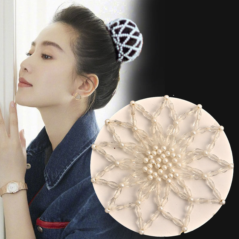 Matu aksesuaras su perlų karoliukais, rankomis austas plaukų tinklas, elastinis crochet dizainas, poliesterio pluoštas, modelis FG088