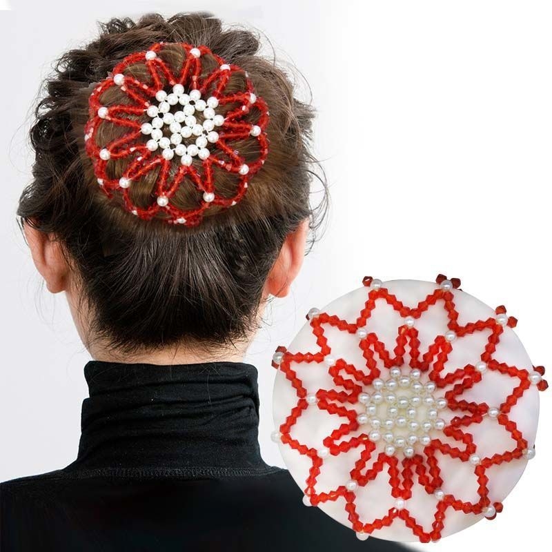 Matu aksesuaras su perlų karoliukais, rankomis austas plaukų tinklas, elastinis crochet dizainas, poliesterio pluoštas, modelis FG088