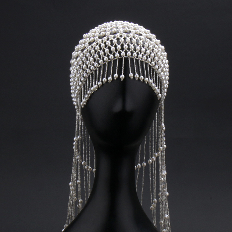 Rankų darbo plaukų tinklas su rižių formos karoliukais iš smūlinės medžiagos ir ilgais kutais – nacionalinis stilius, kilmė Jinhua, TS-23290