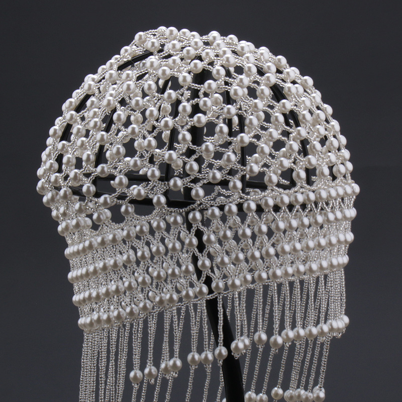 Rankų darbo plaukų tinklas su rižių formos karoliukais iš smūlinės medžiagos ir ilgais kutais – nacionalinis stilius, kilmė Jinhua, TS-23290