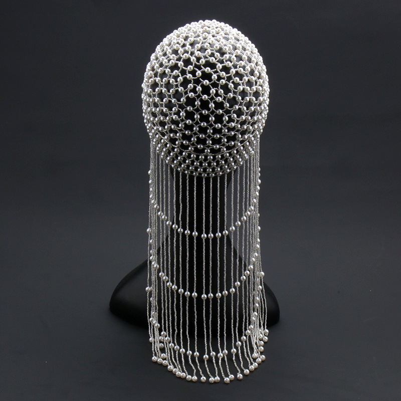 Rankų darbo plaukų tinklas su rižių formos karoliukais iš smūlinės medžiagos ir ilgais kutais – nacionalinis stilius, kilmė Jinhua, TS-23290