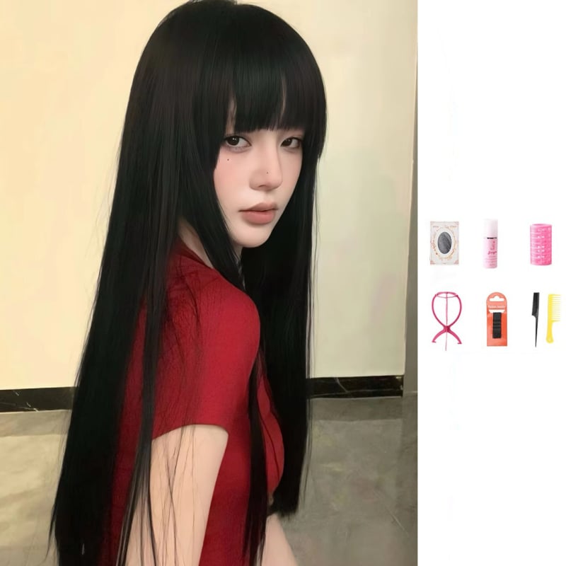 Slender perukas: ilgi tiesūs plaukai su kirpčiukais, pilnas galvos dengimas, temperatūrai atsparus sintetinis pluoštas, mechanizmas gamyba, natūralus vaizdas, modelis 11132