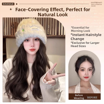 Moteriška kepurės-stiliaus parukė su ilgu garbanotu plauku, ilgas plaukai, atsparios karščiui pluoštai, pilnas galvos dengimas, vientisas dizainas