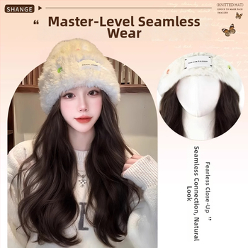 Moteriška kepurės-stiliaus parukė su ilgu garbanotu plauku, ilgas plaukai, atsparios karščiui pluoštai, pilnas galvos dengimas, vientisas dizainas