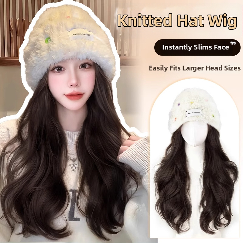 Moteriška kepurės-stiliaus parukė su ilgu garbanotu plauku, ilgas plaukai, atsparios karščiui pluoštai, pilnas galvos dengimas, vientisas dizainas