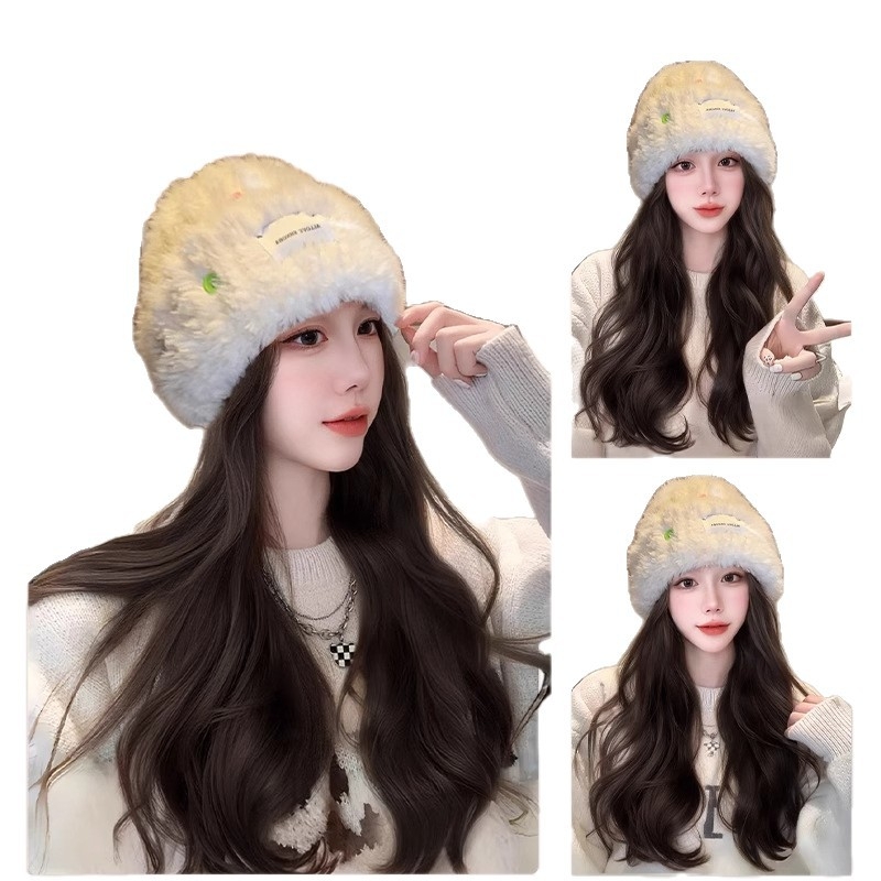 Moteriška kepurės-stiliaus parukė su ilgu garbanotu plauku, ilgas plaukai, atsparios karščiui pluoštai, pilnas galvos dengimas, vientisas dizainas