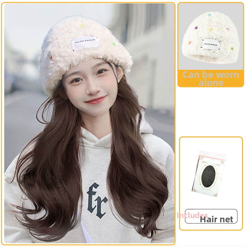 Moteriška kepurės-stiliaus parukė su ilgu garbanotu plauku, ilgas plaukai, atsparios karščiui pluoštai, pilnas galvos dengimas, vientisas dizainas